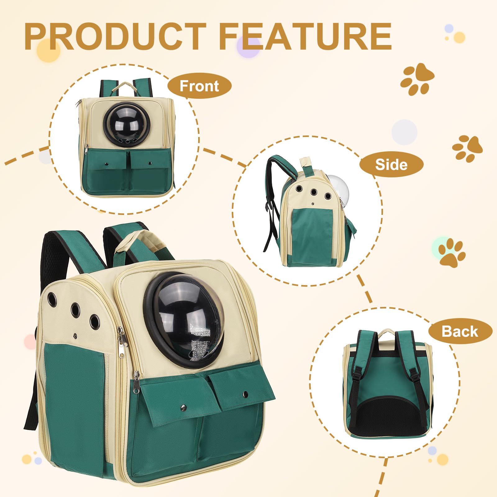 PETAXCELL Pet Backpack Carrier, Portable and Ventilated, Oxford Cloth, Dogs Cats and Small Animals Travel Bag 12.99", (Khaki Green, 1 Pcs), Intended for Hiking/Camping/Traveling