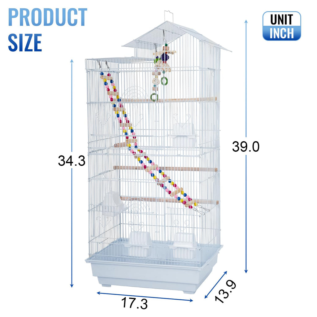 FDW 39 Inch Bird Cage Parakeet Cage with Play Top Rolling Stand & Easy Clean Pull-Out Tray Roof Top Parrot Cage for for Finches Canaries Parakeets Cockatiels & Other Small Birds, White