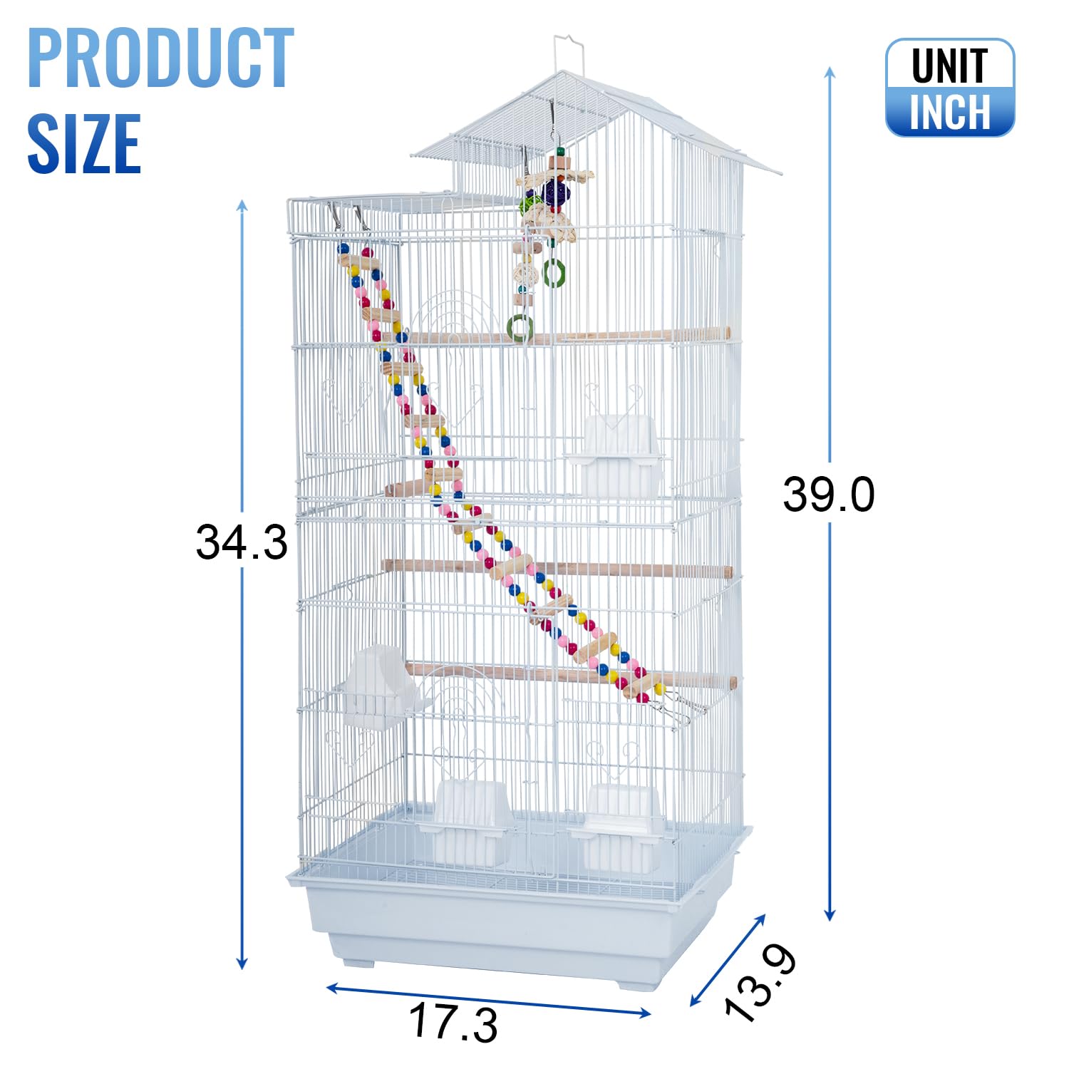 FDW 39 Inch Bird Cage Parakeet Cage with Play Top Rolling Stand & Easy Clean Pull-Out Tray Roof Top Parrot Cage for for Finches Canaries Parakeets Cockatiels & Other Small Birds, White