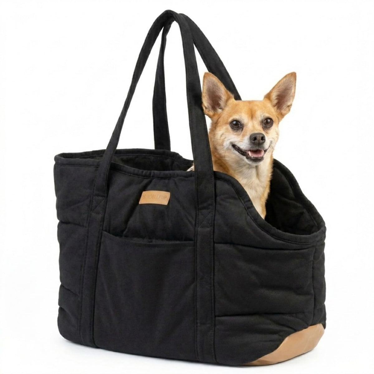 NoblePup Plush Dog Purse Carrier for Small Dogs, Soft Tote Bag with Safety Harness Clip, Cozy Pet Carrier for Dogs Under 15 lbs, Comfortable Shoulder Carrier for Travel, Black 2.0