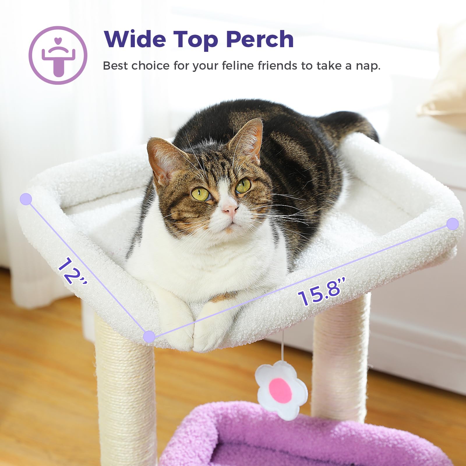 PEQULTI Indoor Cat Tree Tower Small Cats, Sisal Post & Cozy Condo, Purple