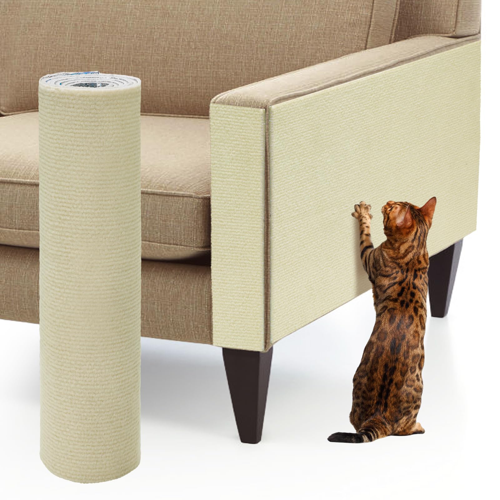 39.3''x14.6'' Trimmable Cat Scratch Furniture Protector - Climbing Self-Adhesive Cat Scratching Pad Mat, Couch Protector from Claws for Scratch Post Cat Tree Shelves Wall, Beige
