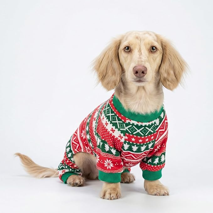 Fitwarm Dog Christmas Outfit, Holiday Pet Clothes for Small Dogs Boy Girl, Festive Pajamas with Feet, Puppy Onesie, Red, Green, XS
