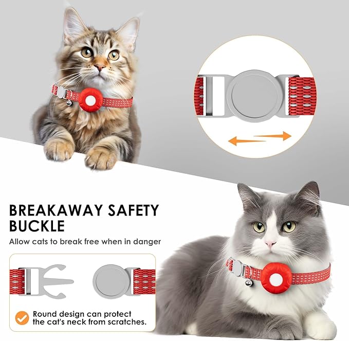 Smart Cat GPS Tracker, Cat GPS Tracker Compatible with Apple Find My App (Only iOS), No Monthly Fee, Waterproof (White Tracker, Red Cat Collar)