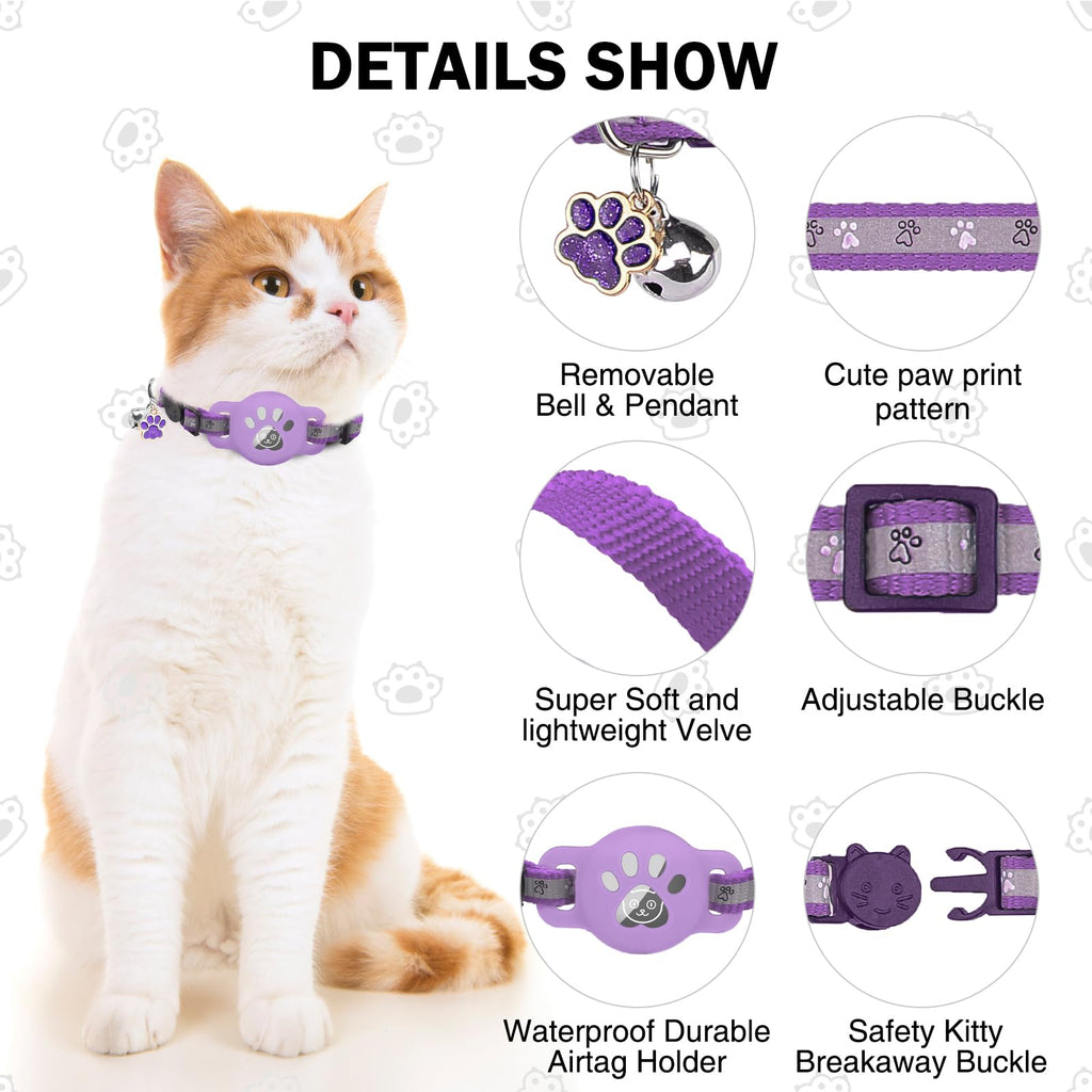 DILLYBUD Airtag Cat Collar Breakaway, Reflective Kitten Collar with Bell and Apple Air Tag Holder, GPS Cute Cat Collar, Glow in The Dark Pet Collars for Boy Girl Cats, Kittens, Puppies, Purple