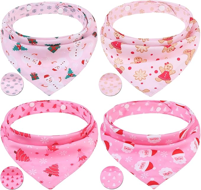 PAWCHIE Christmas Dog Bandanas 4 Pack,Reversible Dog Party Triangle Scarf Bibs, Pet Holiday Costume with Adjustable Snaps,Multiple Christmas-Themed Patterns for Small Dogs Puppy,Cats Pets,Pink S