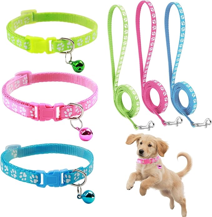 Puppy Leash and Collar Set 3Pcs Dog Collar and Leash Paw Print Whelping ID Collars Buckle Soft Nylon Litter Adjustable Pet Collar for Puppy Small Dogs Walking Training (Pink Green Blue)