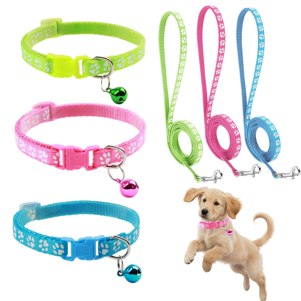 Puppy Leash and Collar Set 3Pcs Dog Collar and Leash Paw Print Whelping ID Collars Buckle Soft Nylon Litter Adjustable Pet Collar for Puppy Small Dogs Walking Training (Pink Green Blue)