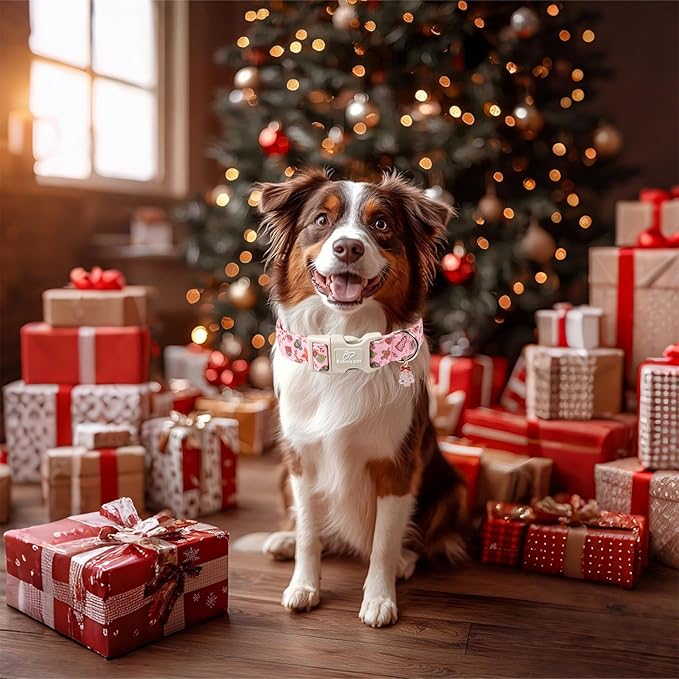 Babole Pet Christmas Dog Collar - Cute Pink Cozy Christmas Puppy Collar with Safety Buckle, Soft Adjustable Holiday Dog Collars for Small Medium Large Dogs M