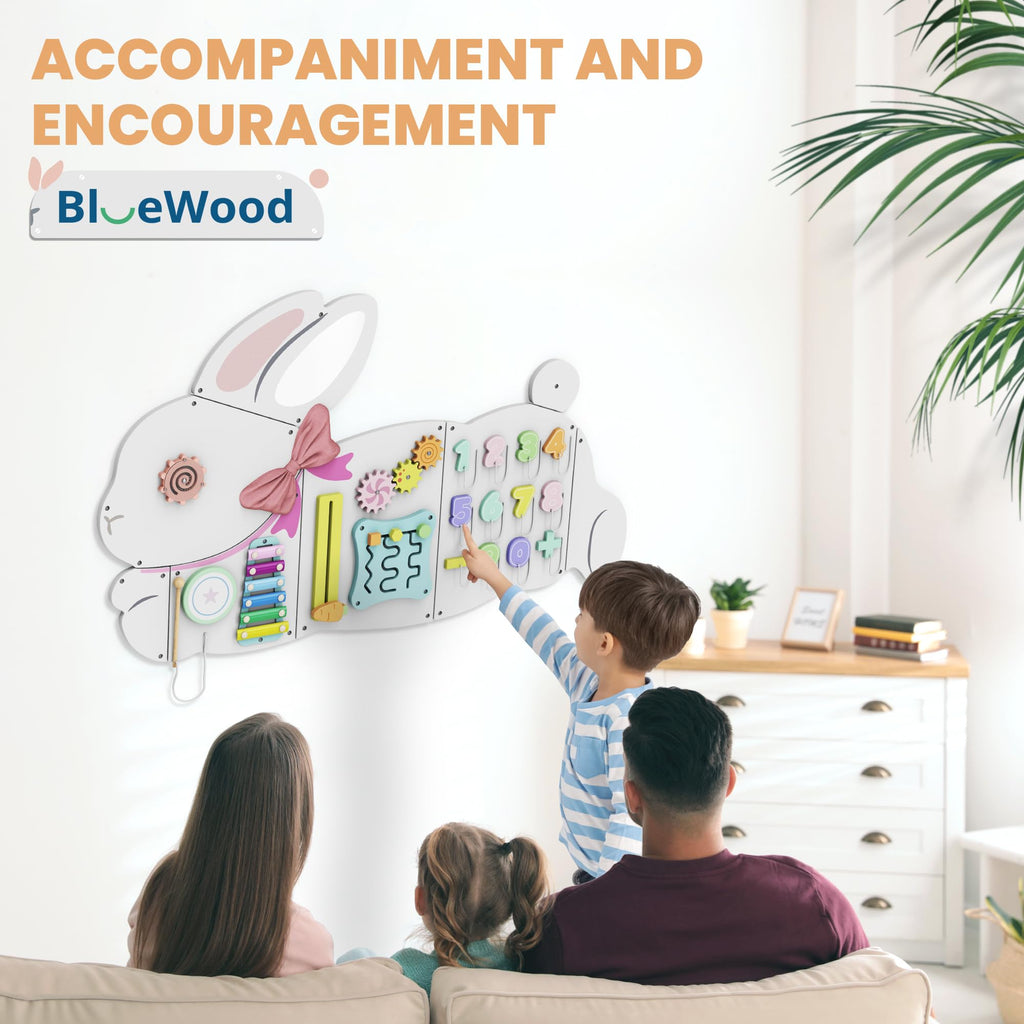 BlueWood Wooden Wall Busy Board Panels, Toddler Learning Activity Center, Montessori Philosophy Sensory, Educational Toys, Conducive to All-Round Development - Rabbit