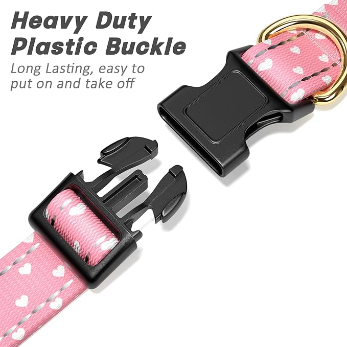 TMOODEL Reflective Dog Collar for Medium Dogs, Cute Adjustable Heavy-Duty Nylon Puppy Collars for Boy and Girl Female, Soft Pet Accessories with Quick Release Buckle, Neck 14-20", Pink Hearts
