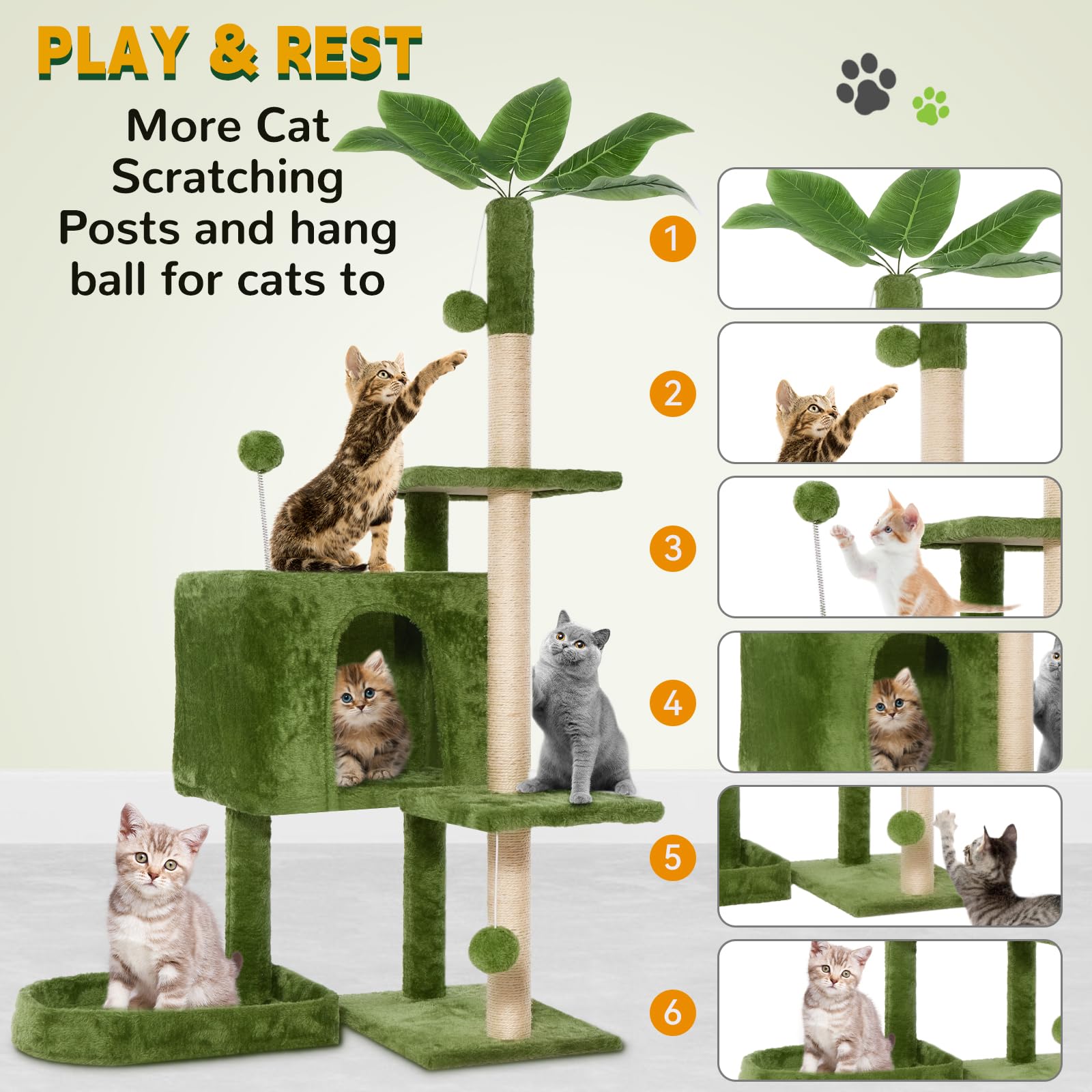 TSCOMON 52in Multi-Level Cat Tower with Sisal Scratching Posts, Hidden Cave & Perch Platform, Large Cat Condo for 1-3 Cats, Eco-Friendly Pet Furniture with Realistic Leaves, Green