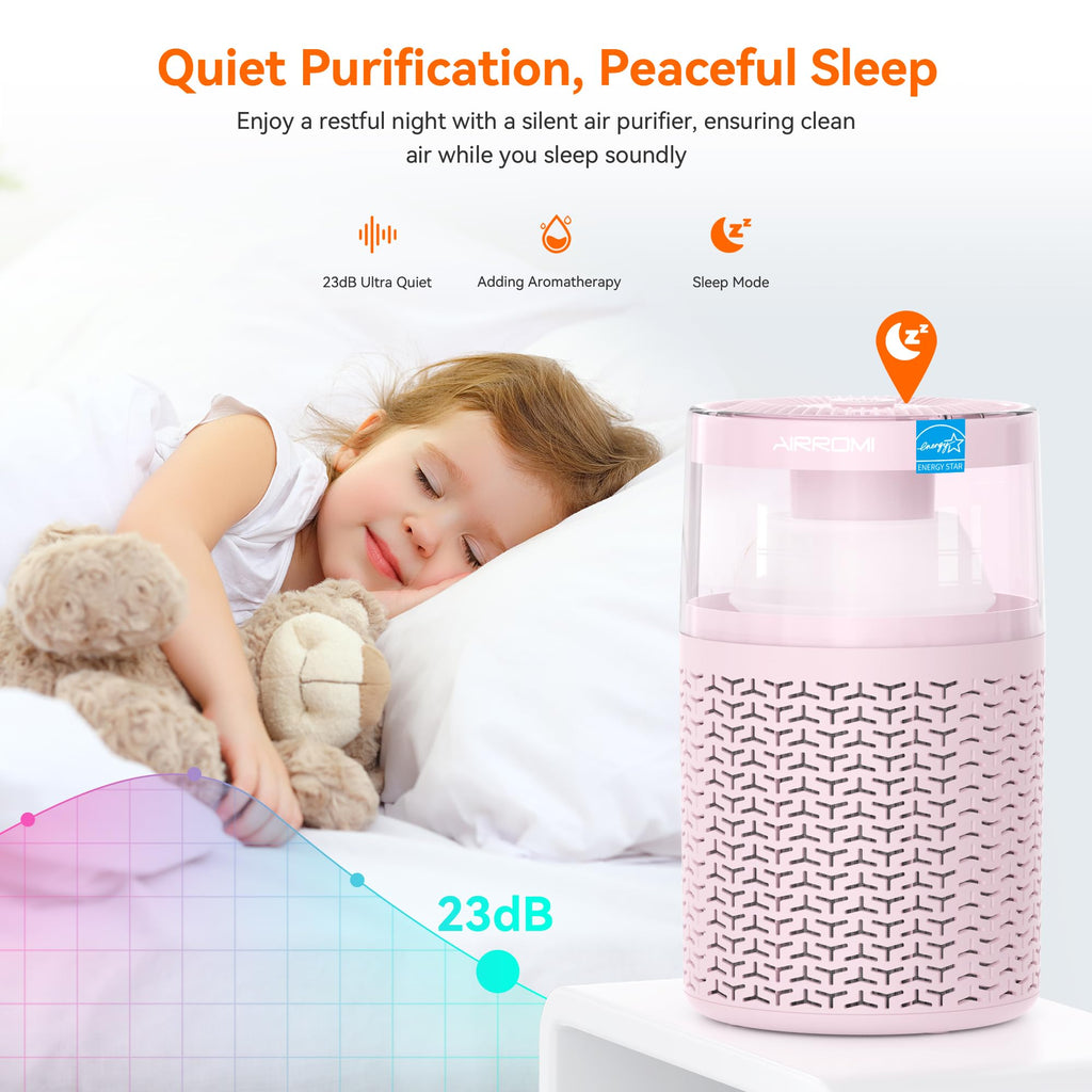 AIRROMI Pet Air Purifier for Home & Bedroom, HEPA Activated Carbon Filter, Removes Pet Dander & Odor, Allergies, Smoke, Hair, Night Light, Fragrance Sponge, Up to 658 ft², A2002 Pink