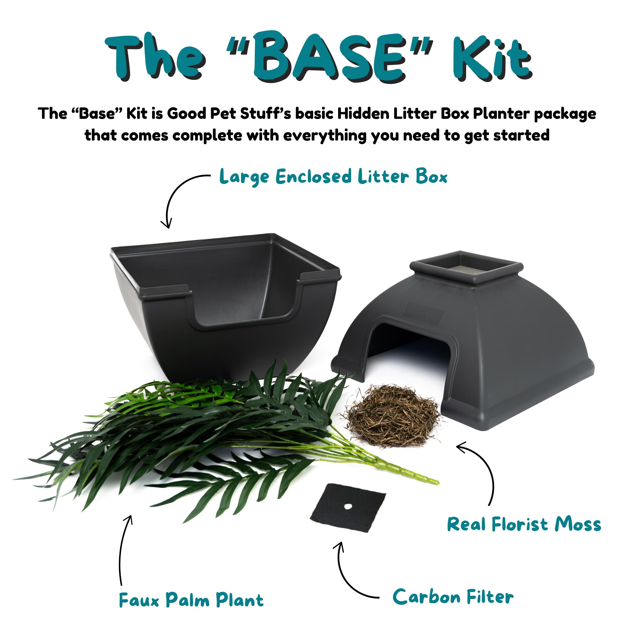 Good Pet Stuff Courtyard Hidden Litter Box Planter, Decorative Cat Litter Enclosure with Carbon Filter, Artificial Palm Plant, Square Design, Easy to Clean, Base Kit, Black Suede
