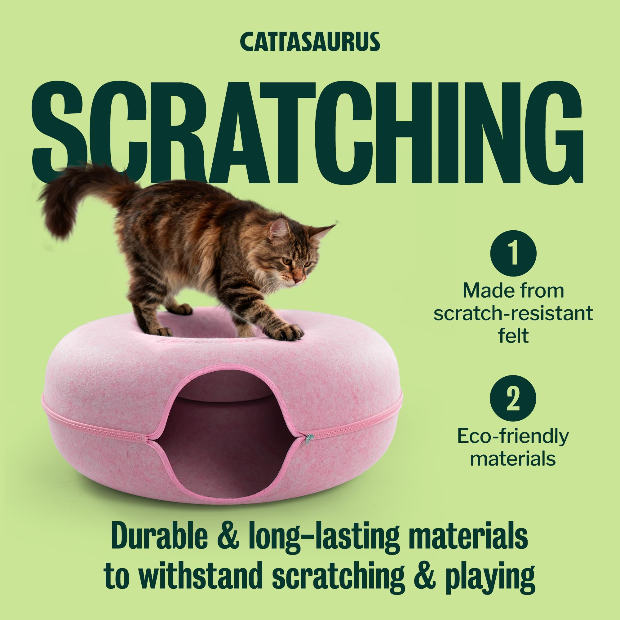 Cattasaurus Peekaboo Cat Cave Donut for Multiple & Large Cats up to 30-45 lbs, 3-in-1 Self Warming Cat Bed, Tunnel & Scratcher for Indoor Cats, Washable & Detachable Small Dog Bed (Pink, Jumbo)