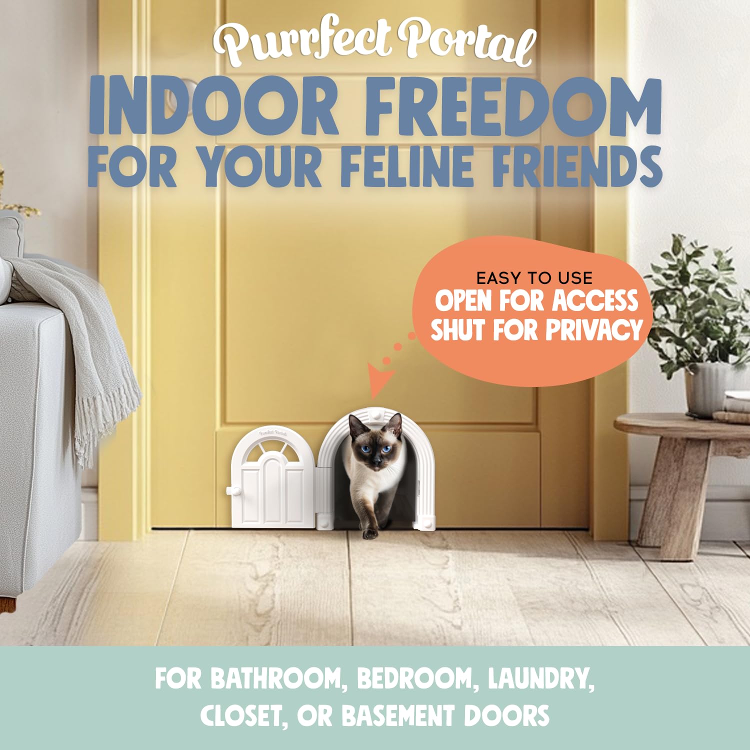 Purrfect Portal Meow Manor® Cat Door Interior Door - No-Flap, Fits Cats Up to 20 lbs, Easy DIY Setup, No Training Needed, White