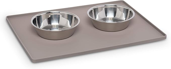 Messy Mutts & Cats Silicone Non-Slip Pet Bowl Mat with Raised Edge | 16” x 12” Dog/Cat Bowl Mat with Spill-Proof Lip | Grey