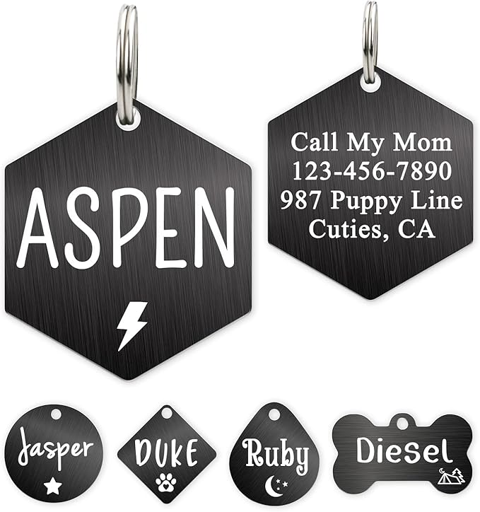 Ultra Joys Custom Personalized Dog ID Tag - Brushed Stainless Steel Hexagon Black Large