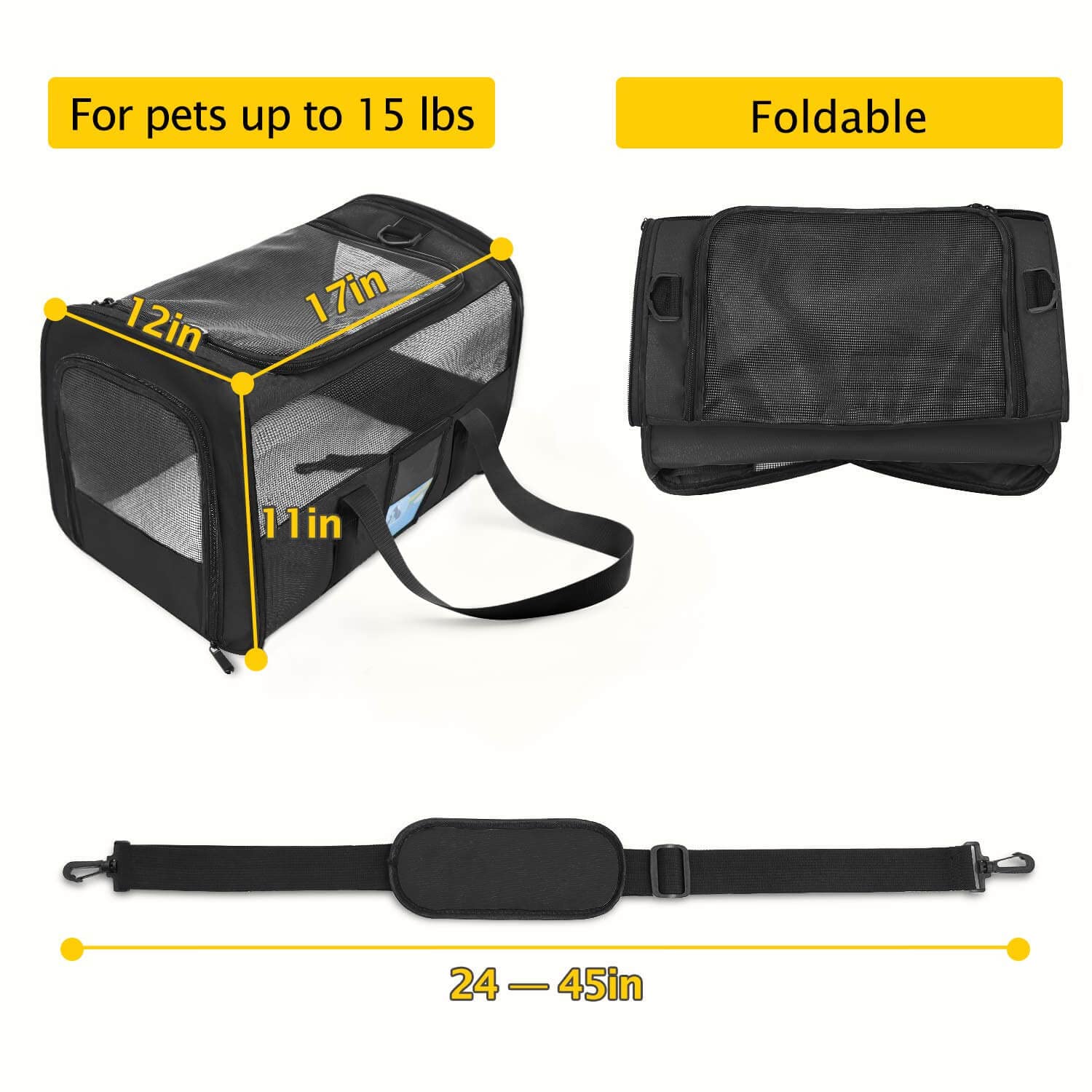 Refrze Pet Carrier Airline Approved, Cat Carriers for Medium Cats Small Cats, Soft Dog Carriers for Small Dogs, TSA Approved Pet Carrier for Cat Dog of 15 Lbs, Puppy Carrier,Black