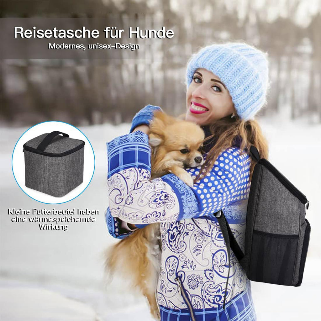 BAGLHER丨Dog Travel Bag, Airline Approved Pet Supplies Backpack, Dog Travel Backpack Accessories Set with 2 Silicone Collapsible Bowls and 2 Food Baskets, Gray