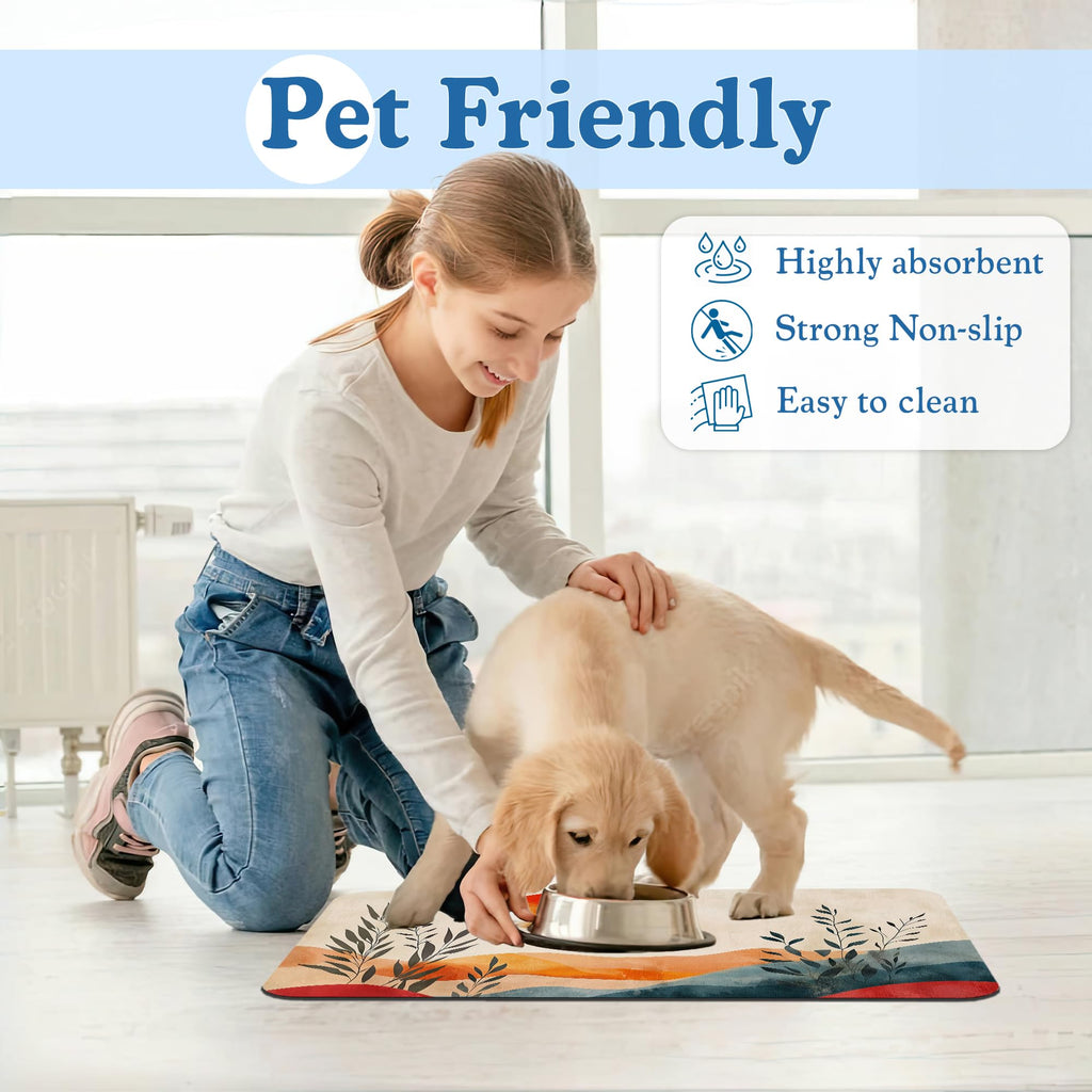 Boho Mountain Sun Pet Food Mat for Cats and Dogs–Absorbent Quick Dry Feeding Placemat, Non Slip Rubber Base, Waterproof Bowl Mat for Indoor Use, Pet Supplies 12"x20"