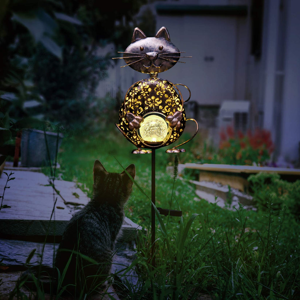 KAIXOXIN Garden Solar Lights Metal Cat Crackle Glass Globe Stake Light Waterproof Warm White LED Solar Path Lights (Cat-Bronze)