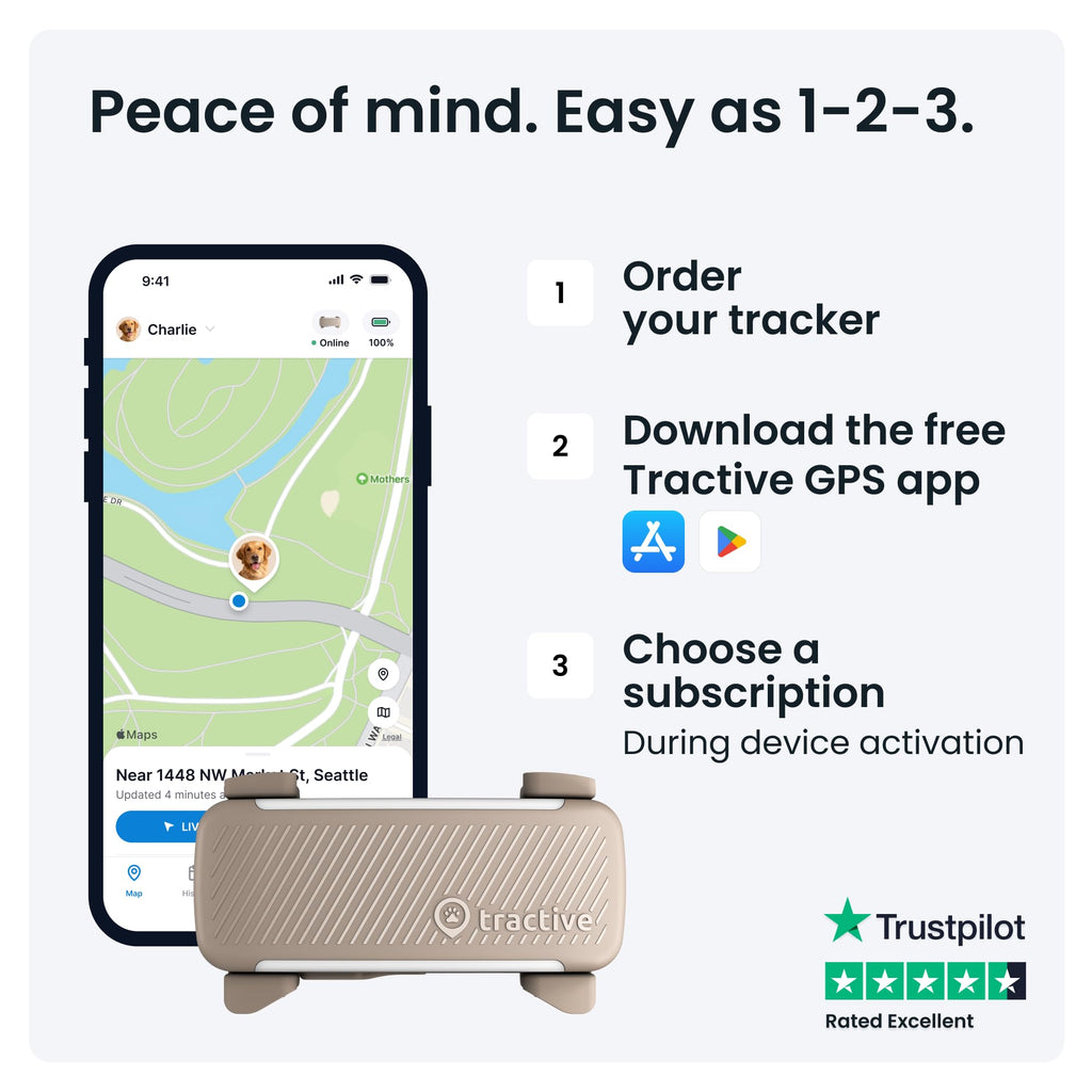 Tractive GPS Dog Tracker (2025 Release) Real-time Pet Location Tracker | Health & Wellness Alerts | Virtual Fence for Dogs | Bark Monitoring (Brown w/Olive Cover)
