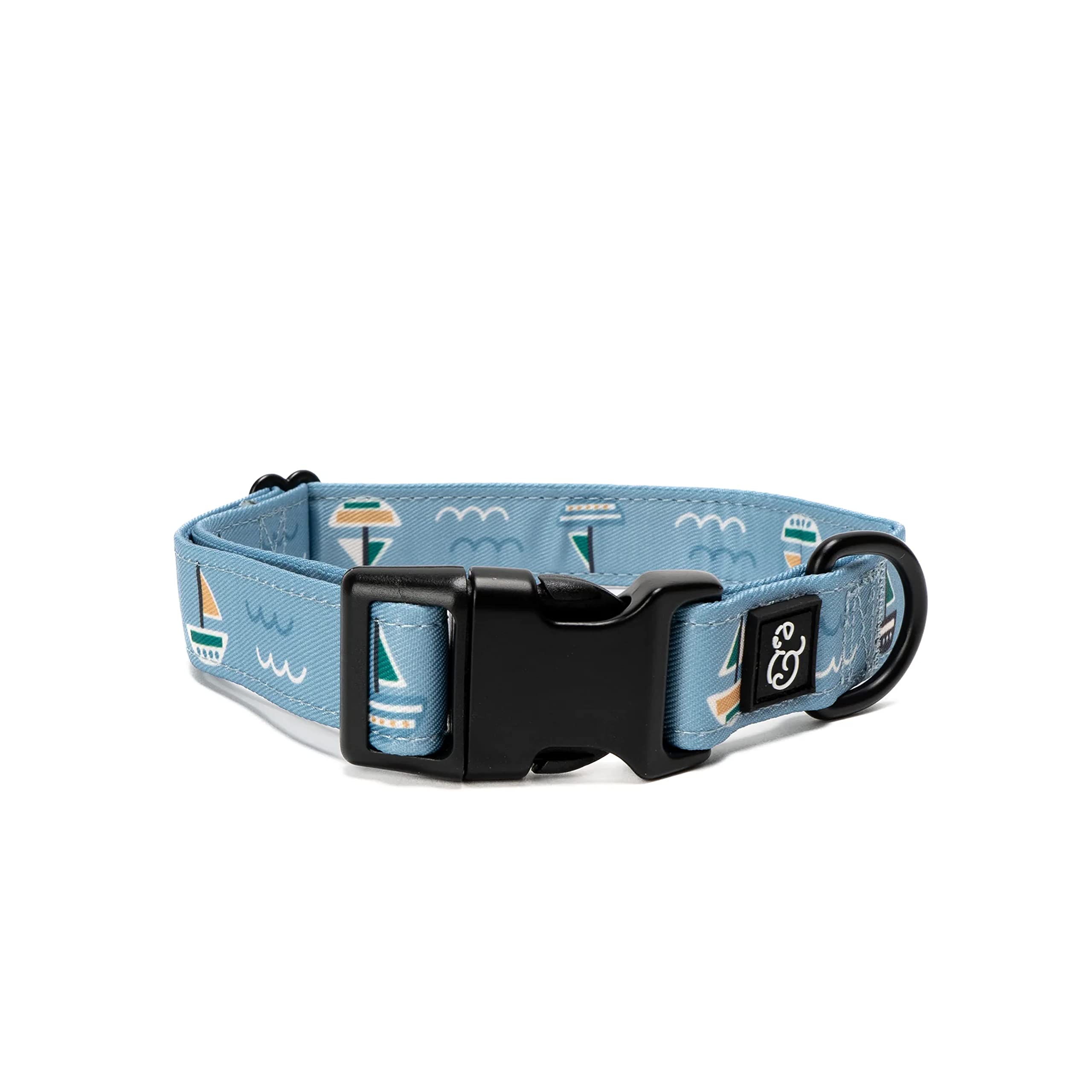 Lucy & Co. Set Sail Adjustable Dog Collar- Cute Designer Pet Collar for Small, Medium, Large Dogs- Buckle Closure Dog Accessories, Large, Blue with Green & Yellow Sailboats