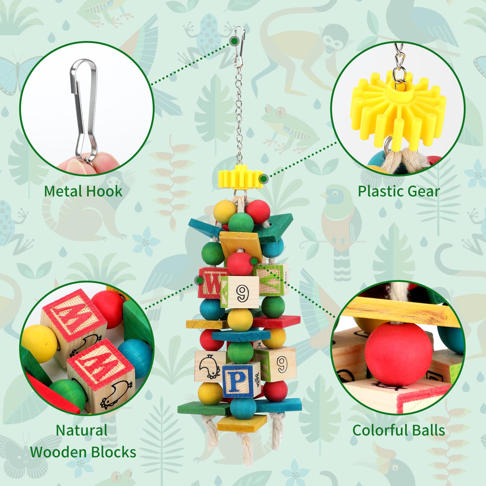 Rypet Hanging Parrot Toys, Wood Rope Chew Blocks for Cockatiels