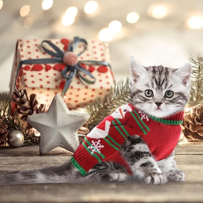 Dog Christmas Sweater Cute Snowman Puppy Cat Costume Boy Girls Xmas Holiday Pet Clothes New Year Outfits Gifts for Small Medium Large Dogs (S, Red Green Stripe Snowman)