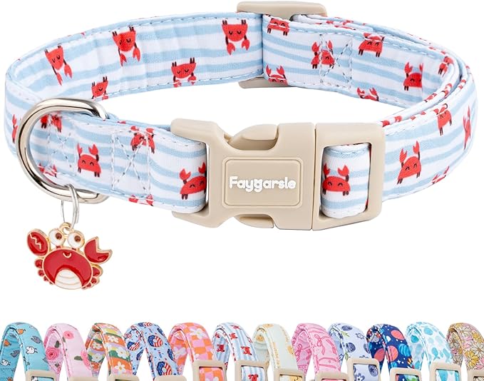 Faygarsle Cute Crab Pattern Dog Collar, Cotton Fabric, Light Blue Stripes, for Small Medium Large Dogs, M