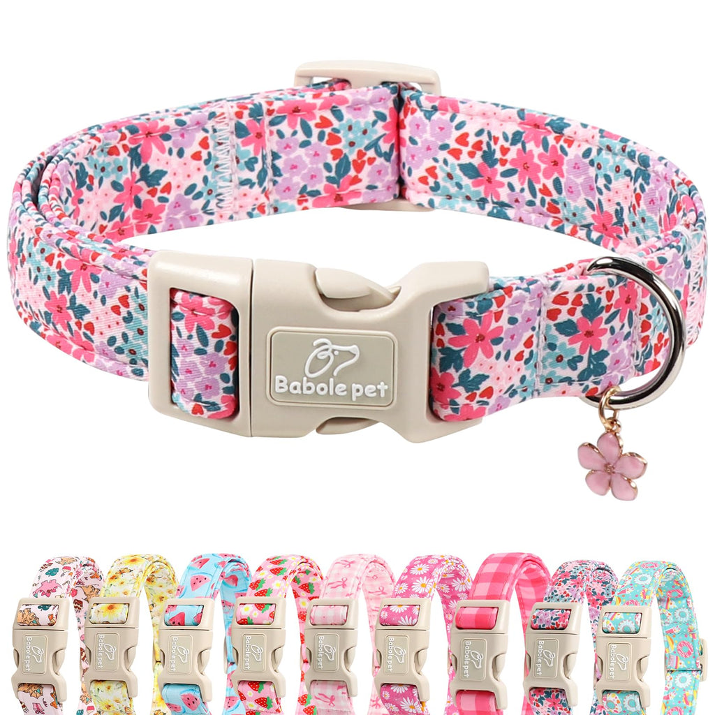 Babole Pet Floral Dog Collar, Cute Girl Dog Collars - Pastel Wildflowers Pattern Spring Summer Puppy Collar, Adjustable Female Dog Collars for Small Medium Large Dogs M