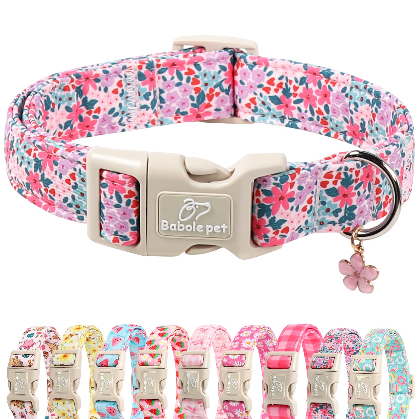 Babole Pet Floral Dog Collar, Cute Girl Dog Collars - Pastel Wildflowers Pattern Spring Summer Puppy Collar, Adjustable Female Dog Collars for Small Medium Large Dogs M