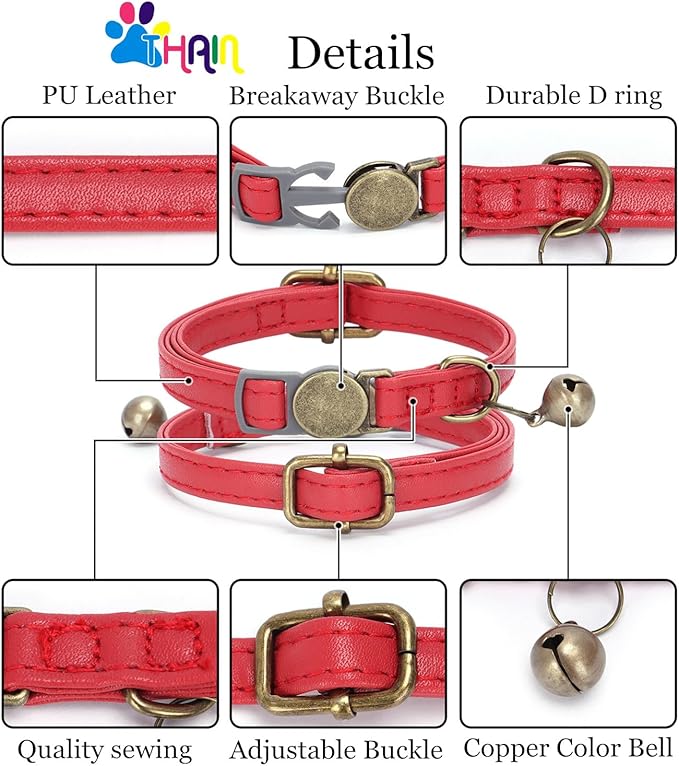 THAIN Leather Cat Collar with Bell Breakaway- Adjustable, Durable, Retro Bell fit Most Cats and Kittens (Dark Green)