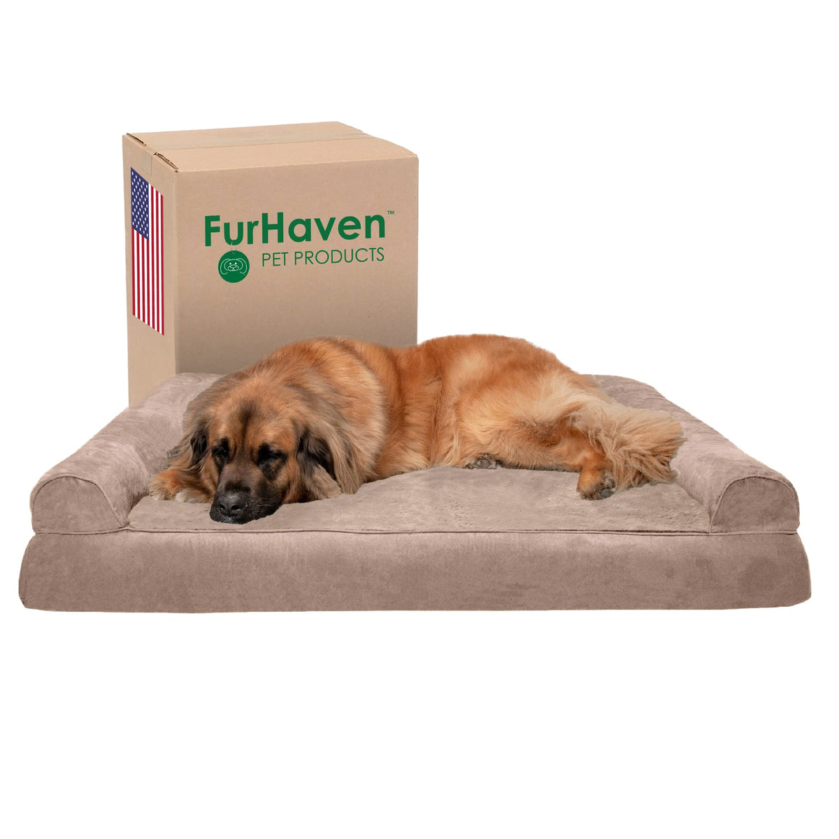 Furhaven Orthopedic Dog Bed for Large Dogs w/ Removable Bolsters & Washable Cover, For Dogs Up to 95 lbs - Plush & Suede Sofa - Almondine, Jumbo/XL