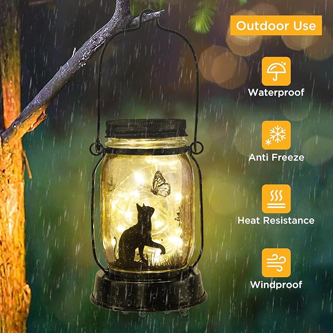 kyoryuger Cat Lover Gifts for Mom/Grandma/Women/Sister Cat Butterfly Solar Light Gifts Solar Lanterns Outdoor Waterproof Fairy Lights Led Mason Jar Hanging Cat Lamps Decor for Garden Yard Torche