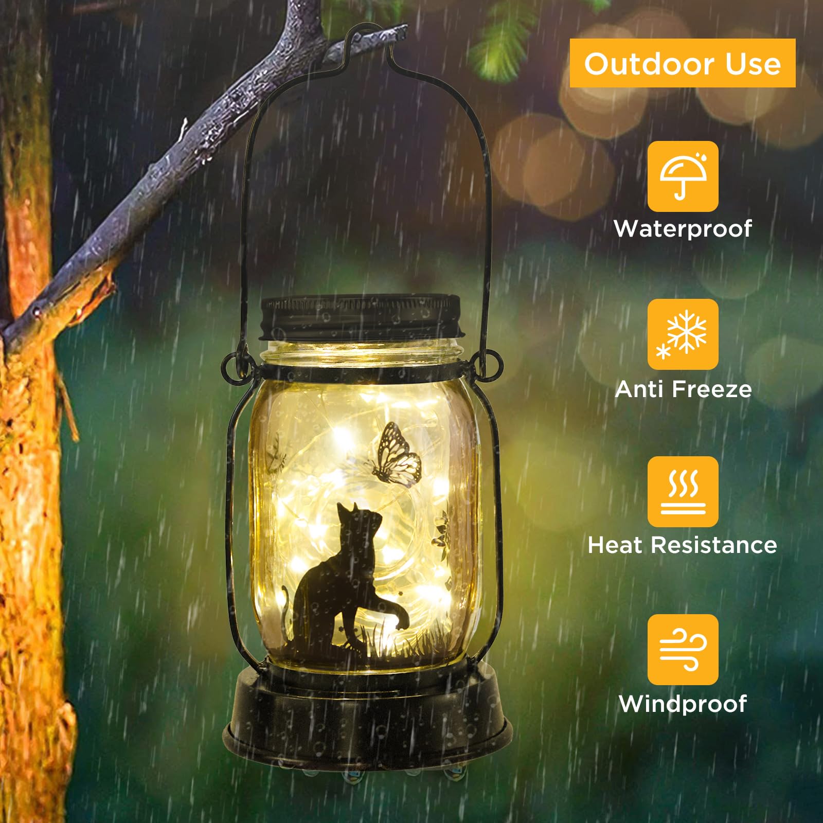 kyoryuger Cat Lover Gifts for Mom/Grandma/Women/Sister Cat Butterfly Solar Light Gifts Solar Lanterns Outdoor Waterproof Fairy Lights Led Mason Jar Hanging Cat Lamps Decor for Garden Yard Torche