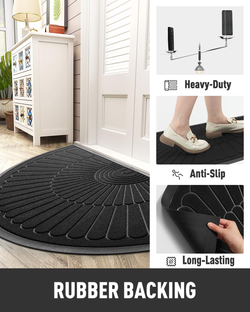 tchdio Door Mat Outdoor Indoor Entrance Doormat-Semicircular Durable Rubber Non Slip Front Door Mat for Outside Inside Entry Entryway Dirt Trapper WelcomeMat for Muddy Paws and Shoes-Black 24”x47”