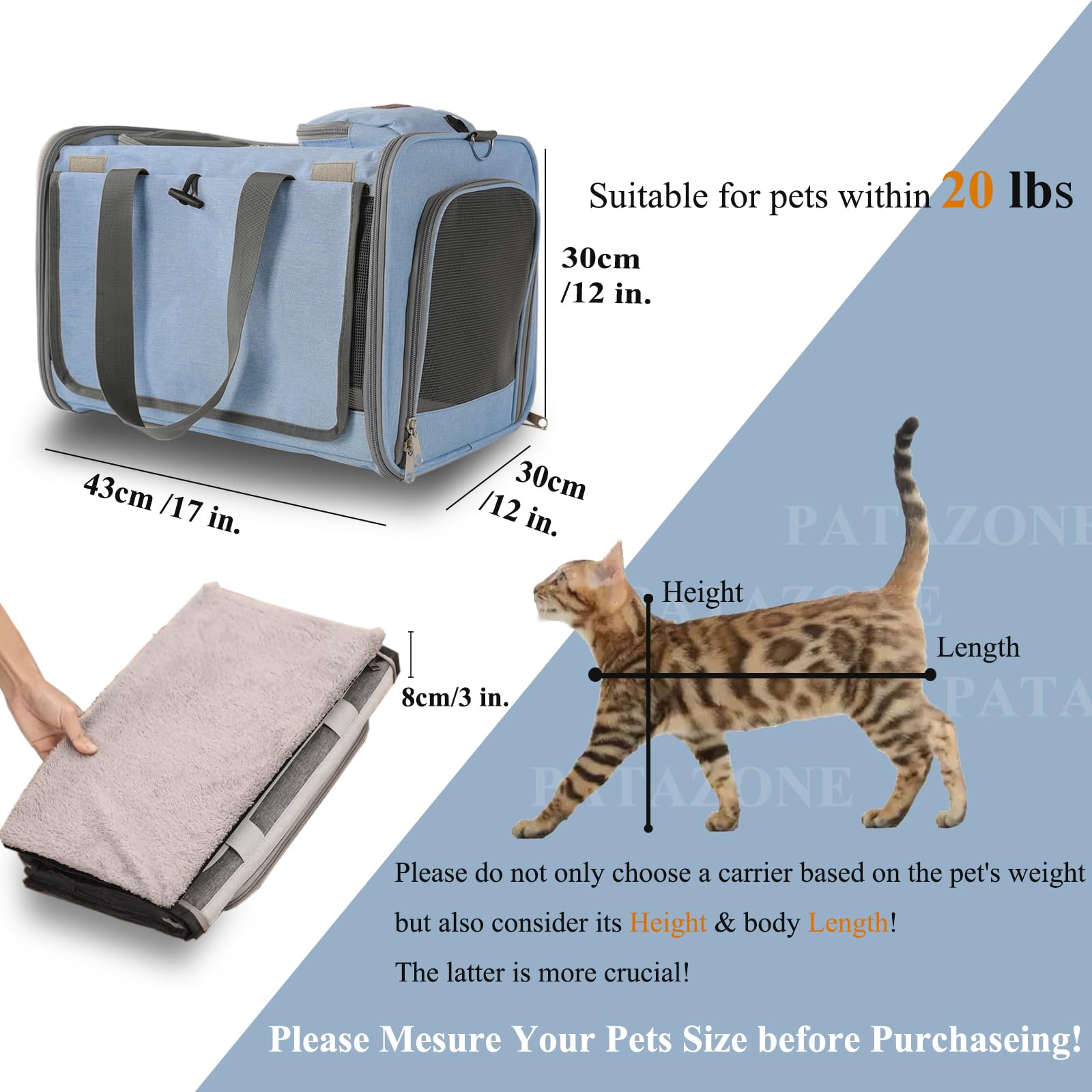 Patazone Cats Carrier Soft Small Dog Carriers for Small Dogs Blue Softsided Pet Carrier Airline Approved,Large Pocket,Breathable,Privacy Protection Pets Bag Travel Outdoor Kitties/Pups Bed