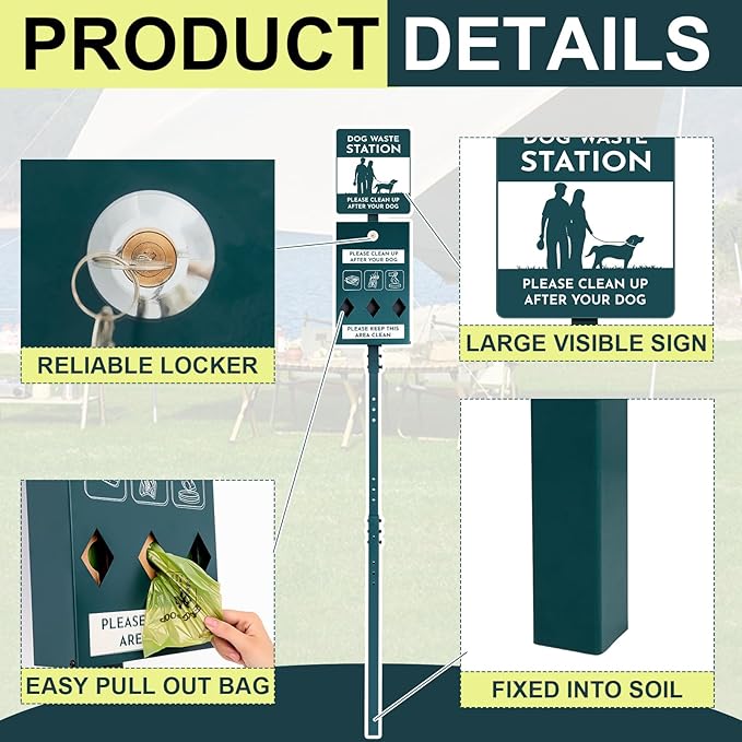 Qinyoung Dog Waste Station with Bags Galvanized Steel Outdoor Pet Bin Dispenser Reflective Sign Rust Proof System for Backyard Commercial Park(1 Pack)