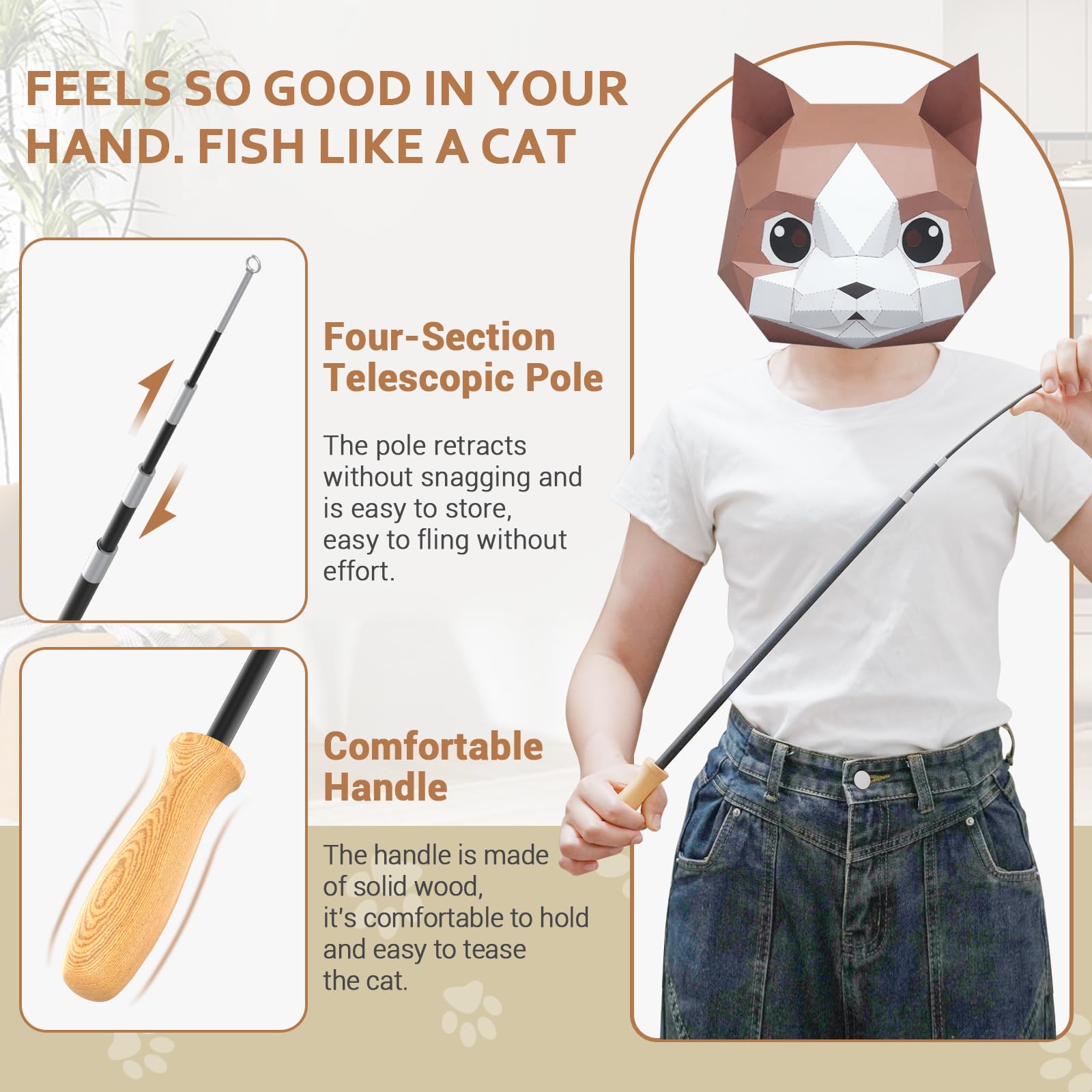 ROSAUI Cat Teaser Wand Toys, Interactive Bird Toy for Indoor Kittens, 53.15’’ Long Cat Fishing Pole Toys, 2X Wires and 5X Natural Refills, Sustainable Wooden Handles, Exercising, Playing
