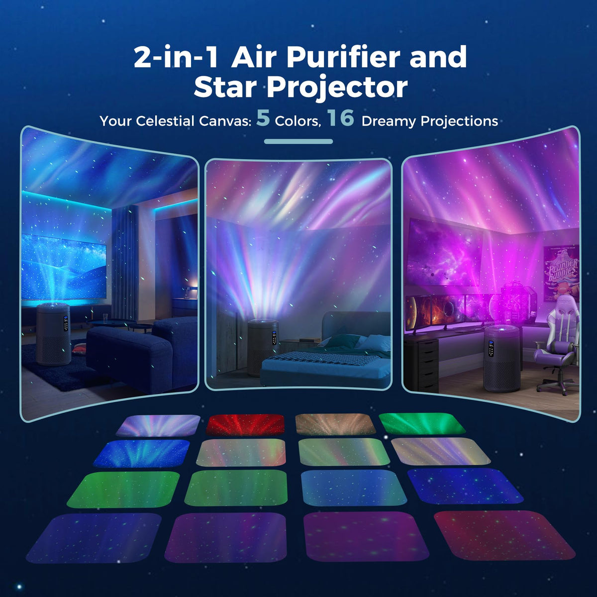 AROEVE Air Purifier for Large Rooms up to 1,782 Sq. Ft. with Star Projector, Smart WiFi, Air Quality Sensor, UV Function, and Washable Filter for Whole Home Use for a Cozy Holiday, MK09W Black