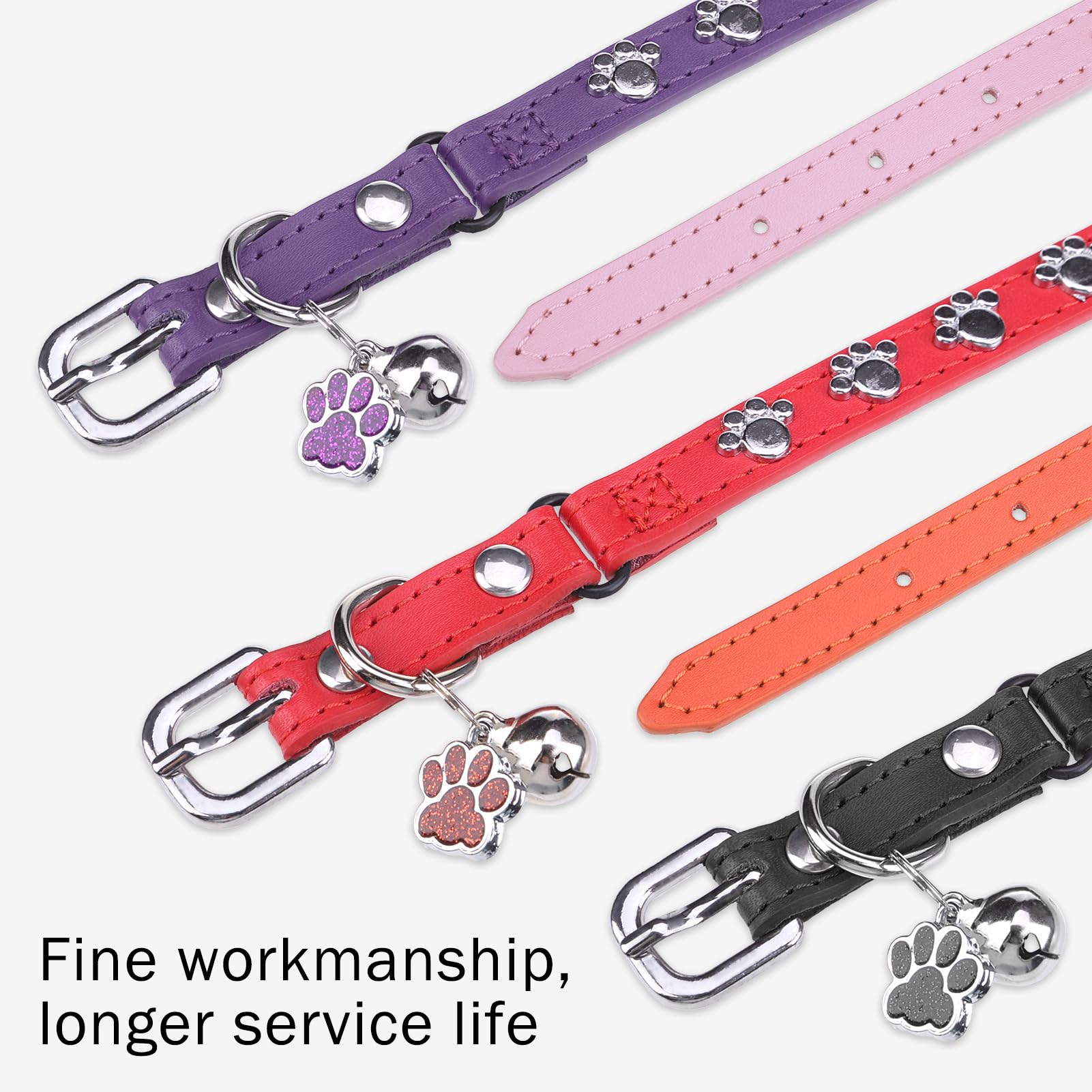 SCENEREAL Leather Cat Collar with Bell and Rivet, Personalized Stud Pet Collars with Safety Elastic Belt and Cute Paw Charm, Adjustable Soft Kitten Puppy Accessories for Boys Girls Cats, Black