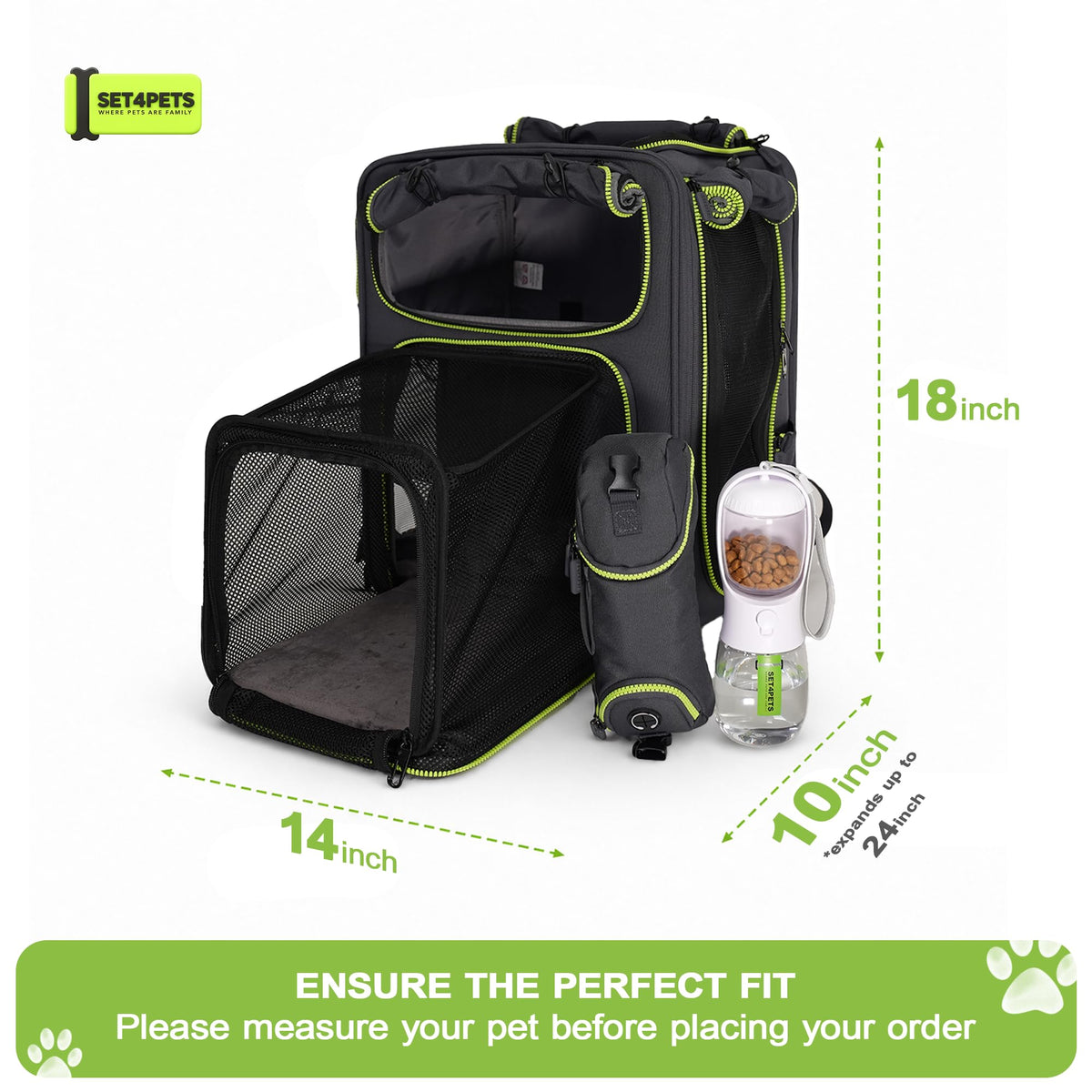 Set4Pets Expandable Cat Carrier Backpack for Cats & Small Dogs, Gray/Green