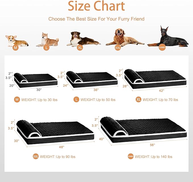 Orthopedic XL Dog Bed Large Sized Dog with Pillow 48''X30'', Waterproof Soft Comfortable Egg Crate Foam Pet Crate Beds Mat with Removable Washable Cover and Non-Slip Bottom, Black