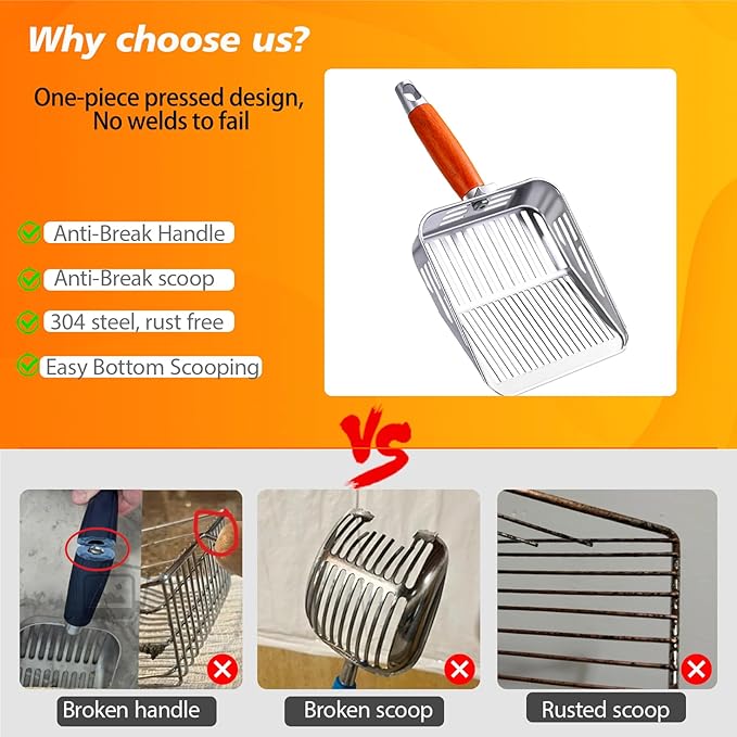 TabifurKitc Rustproof & Unbreakable 304 Stainless Steel Metal Cat Litter Scoop with Holder Stand, One-Piece Pressed Design with No Welds, Easy Bottom Scooping, Reinforced Anti-Break Handle