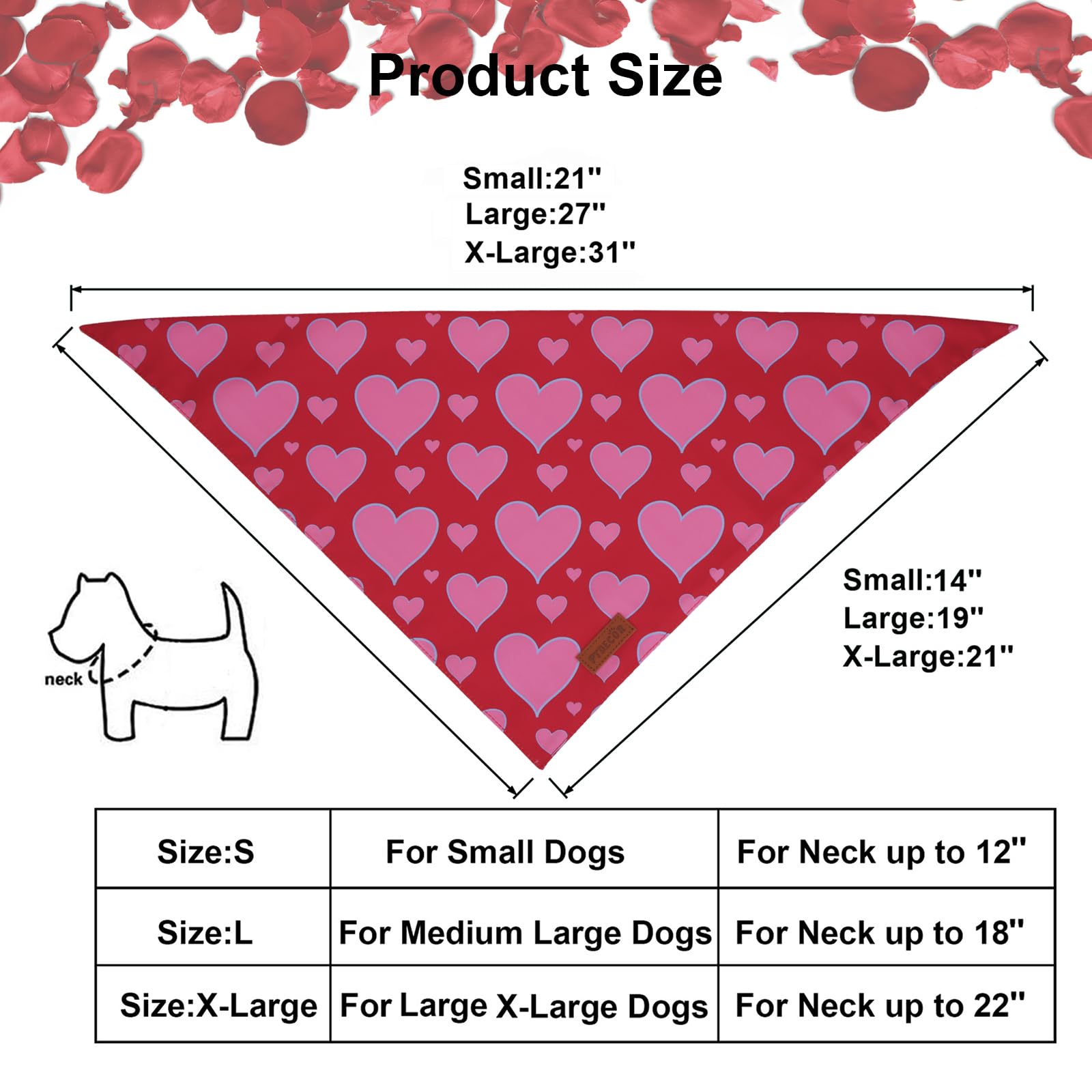 PTDECOR Pink Valentine Dog Bandana, Red Heart Valentine Pet Scarf, Small