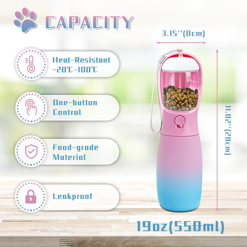 MITOCAPY Dog Water Bottle with Food Container, 19Oz Large Capacity Portable Dog Water Bowl Dispenser, Food Grade New Puppy Essentials & Chihuahua Dog Accessories for Hiking Walking Traveling