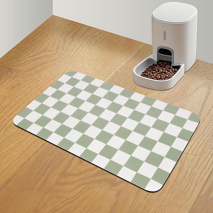 CooRug Checkered Dog Food Mat, Pet Feeding Mat 20" L x 12" W, Green