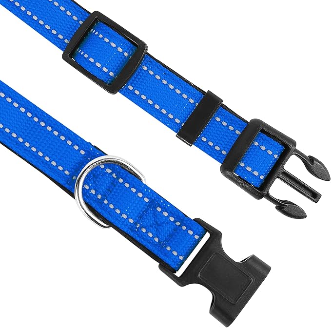 PWOD Reflective Dog Collar, Adjustable Soft Neoprene Padded Nylon Pet Collars with Buckle for Large Dogs, Navy Blue,L
